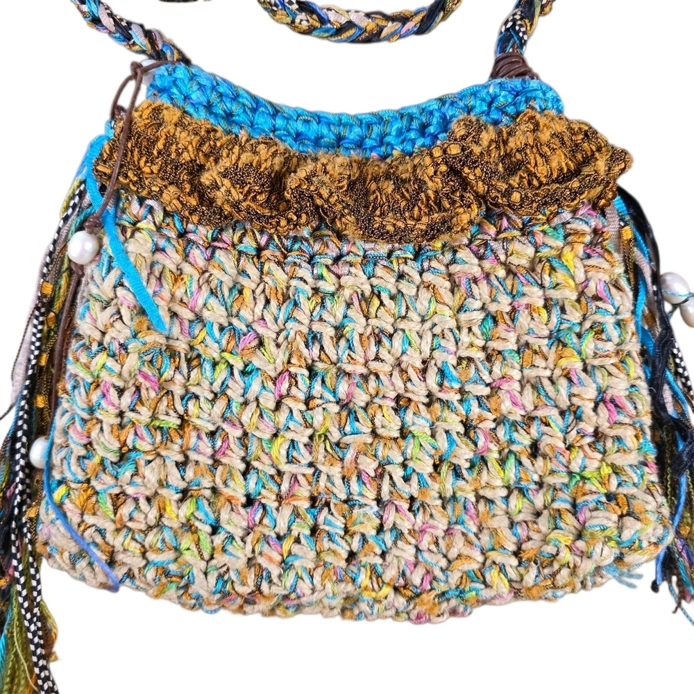 Boho Crochet Crossbody Bag Multicolor Handwoven Purse with Tassel Fringe - Picture 2 of 4